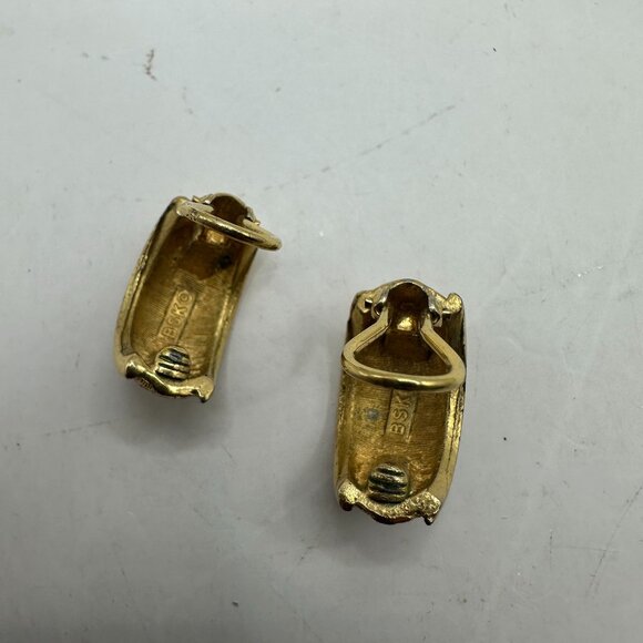 Vintage BSK Gold-Tone Clip-On Earrings With Rhinestone Floral Design - Picture 6 of 7